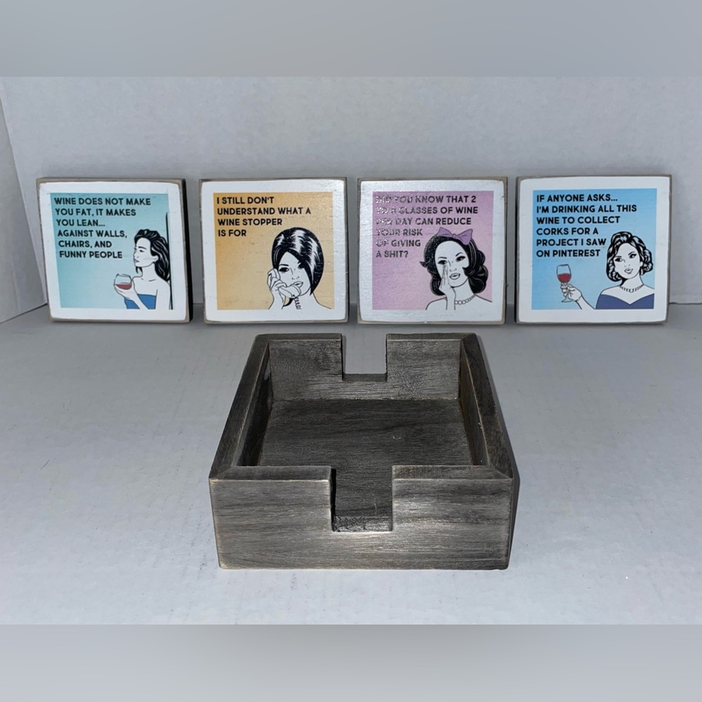 Zumatico Humorous Women & Wine Coasters Set 4" Distressed Wood Fun Gag Gift